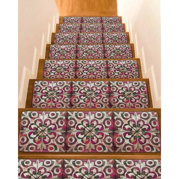 Modernism Flowers Non-Slip Stair Treads for Wooden Steps Simple National Style Indoor Carpet Stair Runners 4PCS 8x30 in with Adhesive for Pets and Seniors