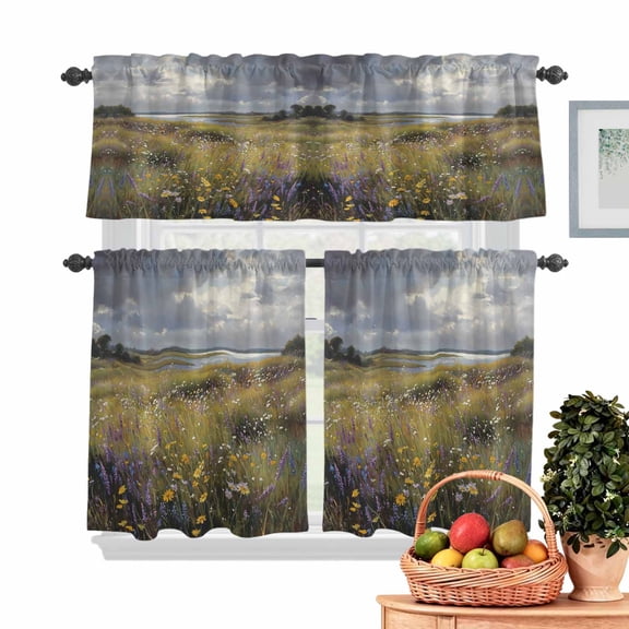 Modernism Grassland Kitchen Curtains Valances 3 Piece Set, Oil Painting Flower Plant Rod Pocket Tier Curtain and Valance Drapes for Small Window 24 Inch Length for Bedroom Cafe