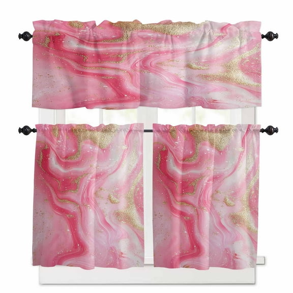 Modernism Kitchen Curtains and Valances Set, Impressionist Theme Pink Gold Water Ripple Rod Pocket Window Valance 18 Inch Window Curtain Panels for Living Room Bedroom Laundry, 27.5x36in, 3 Pieces
