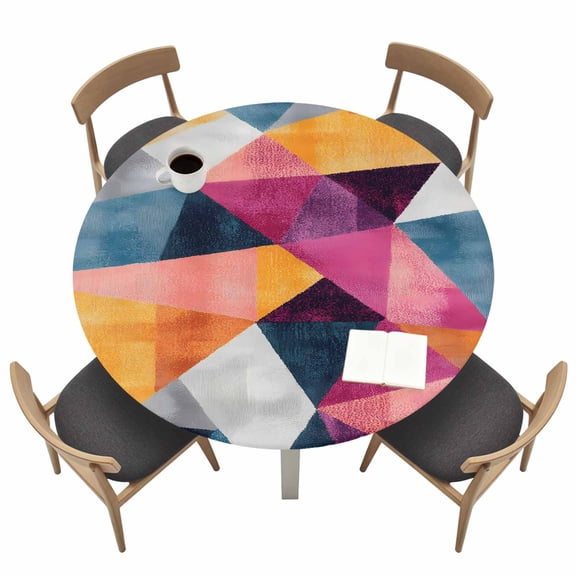 Modernism Round Fitted Tablecloth with Elastic Edge Blue Pink Yellow Angular Color Block Table Cover Fit for 36"-44" Tables Waterproof Tablecloths for Dinner Camping Picnic