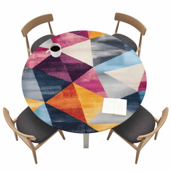 Modernism Round Fitted Tablecloth with Elastic Edge Blue Yellow Pink Angular Color Block Table Cover Fit for 36"-44" Tables Waterproof Tablecloths for Dinner Camping Picnic