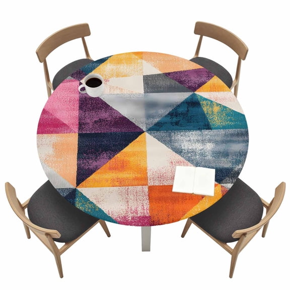 Modernism Round Fitted Tablecloth with Elastic Edge Pink Blue Yellow Angular Color Block Table Cover Fit for 36"-44" Tables Waterproof Tablecloths for Dinner Camping Picnic