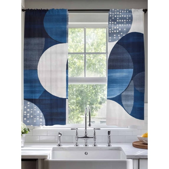 Modernism Sheer Curtains 72 Inches Long 2 Panels Blue Toned Circular Color Block Light Filtering Semi Sheer Window Curtains Drapes for Bedroom Living Room 52"x72"