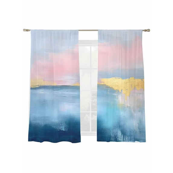 Modernism Sheer Curtains for Living Room Bedroom, Light-filtering Sheer Curtain, Abstract Gold Blue Pink Color Block Rod Pocket Voile Window Treatment Drapes, 52’’Wx63’’L, 2 Panels Set