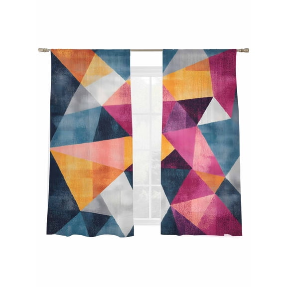 Modernism Sheer Curtains for Living Room Bedroom, Light-filtering Sheer Curtain, Blue Pink Yellow Angular Color Block Rod Pocket Voile Window Treatment Drapes, 52’’Wx72’’L, 2 Panels Set