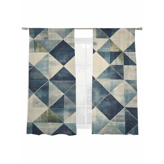 Modernism Sheer Curtains for Living Room Bedroom, Light-filtering Sheer Curtain, Blue White Angular Design Color Block Rod Pocket Voile Window Treatment Drapes, 52’’Wx72’’L, 2 Panels Set