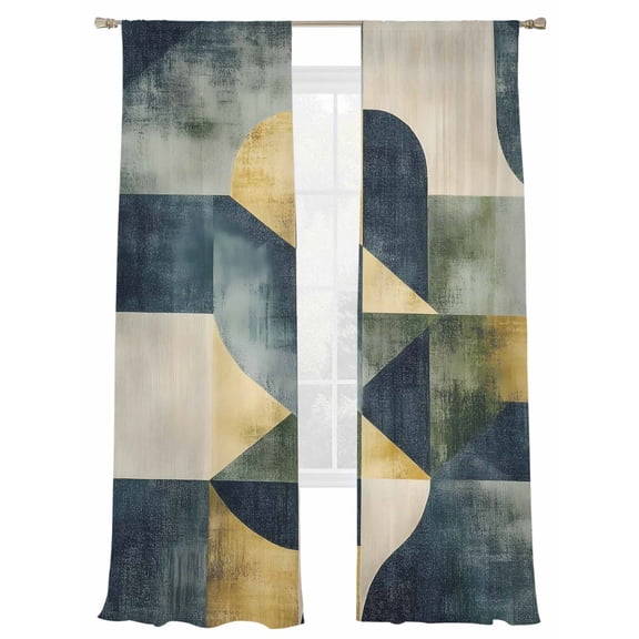 Modernism Sheer Curtains for Living Room Bedroom, Light-filtering Sheer Curtain, Blue Yellow Angular Abstract Pattern Rod Pocket Voile Window Treatment Drapes, 52’’Wx108’’L, 2 Panels Set