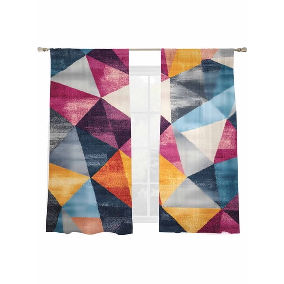 Modernism Sheer Curtains for Living Room Bedroom, Light-filtering Sheer Curtain, Blue Yellow Pink Angular Color Block Rod Pocket Voile Window Treatment Drapes, 52’’Wx72’’L, 2 Panels Set