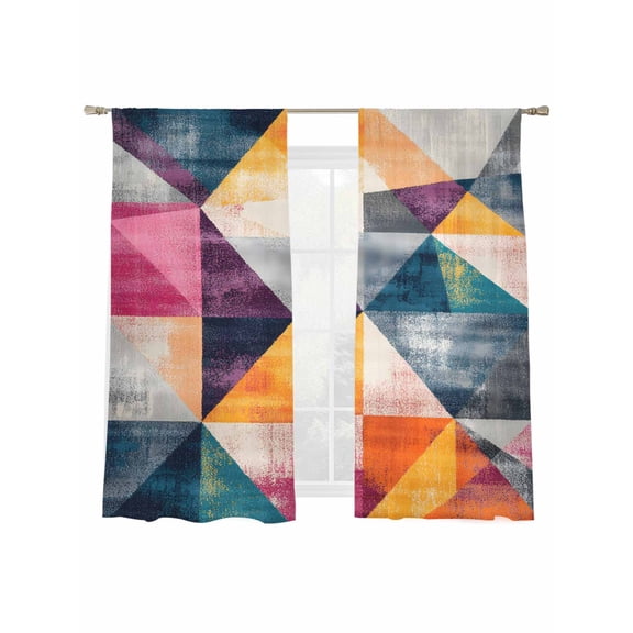 Modernism Sheer Curtains for Living Room Bedroom, Light-filtering Sheer Curtain, Pink Blue Yellow Angular Color Block Rod Pocket Voile Window Treatment Drapes, 52’’Wx72’’L, 2 Panels Set