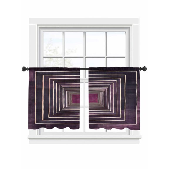 Modernism Sheer Curtains for Living Room Bedroom, Light-filtering Sheer Curtain, Purple Black Angular Minimalist Line Light-Rod Pocket Voile Window Treatment Drapes, 52’’Wx45’’L, 2 Panels Set