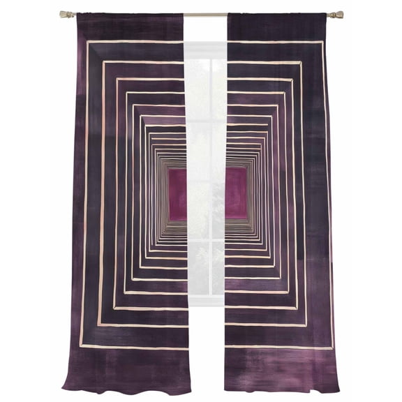 Modernism Sheer Curtains for Living Room Bedroom, Light-filtering Sheer Curtain, Purple Black Angular Minimalist Line Rod Pocket Voile Window Treatment Drapes, 52’’Wx96’’L, 2 Panels Set