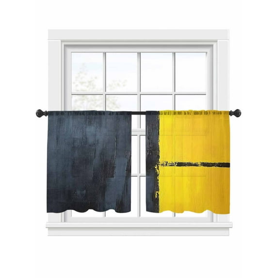 Modernism Sheer Curtains for Living Room Bedroom, Light-filtering Sheer Curtain, Simple Style Black Yellow Color Block Light-Rod Pocket Voile Window Treatment Drapes, 52’’Wx45’’L, 2 Panels Set