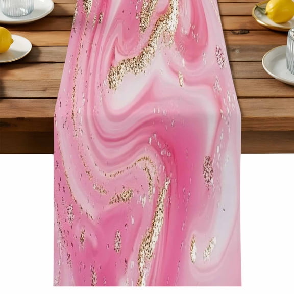 Modernism Table Runner, Impressionist Theme Gold Pink Water Ripple Cotton Linen Table Cloth, Tablerunner for Kitchen Dining Party Wedding Home Decor 13x36 Inch