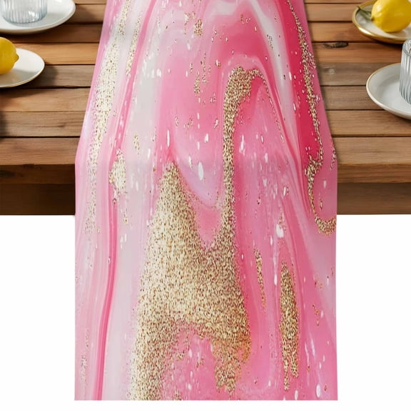 Modernism Table Runner, Impressionist Theme Pink Gold Water Ripple Cotton Linen Table Cloth, Tablerunner for Kitchen Dining Party Wedding Home Decor 13x36 Inch