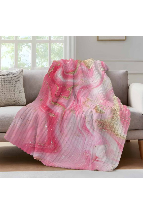 Modernism Throw Blanket for Couch Impressionist Theme Pink Gold Water Ripple Soft and Warm Flannel 3D Striped Fluffy Fuzzy Fleece Blanket Lightweight Throw for Bed, Sofa 30 x 40 Inches