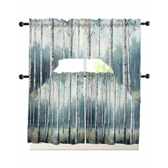 Modernism Tree Kitchen Curtains Sets 24 Inch Length with Valance, Spring Forest Scene Oil Painted Swag Valances and Tiers Curtain Set Drapes Swag Curtains for Living Room, Bathroom, Bedroom, Cafe