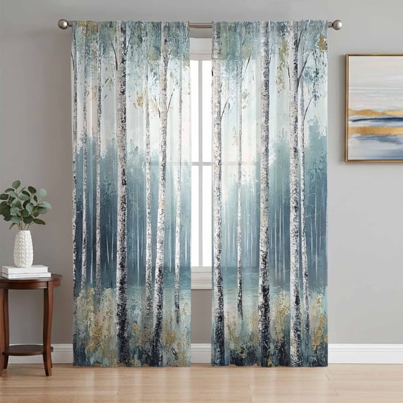 Modernism Tree Sheer Curtains 96 Inch Length 2 Panels Set, Spring Forest Scene Oil Painted Voile Window Treatment Semi Sheer Long Curtains Drapes for Bedroom/Living Room/Kitchen 52"x96"x2