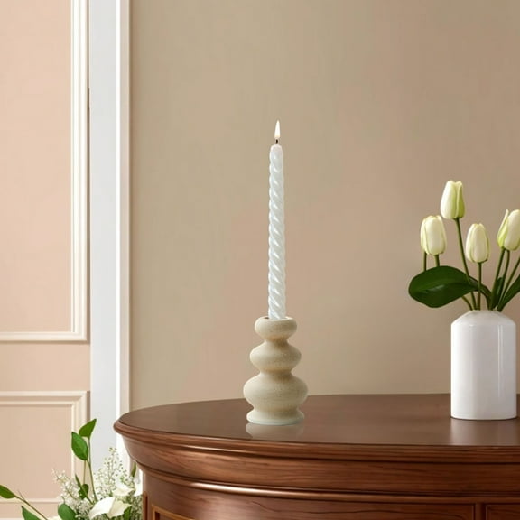 Modernist Ceramic Taper Candle Holder Set of 3, Beige Candlesticks for Home Decor, Decorative Table Centerpiece with Varying Heights 5.5-6.3 Inches, Wedding Dinner Party Romantic Decor