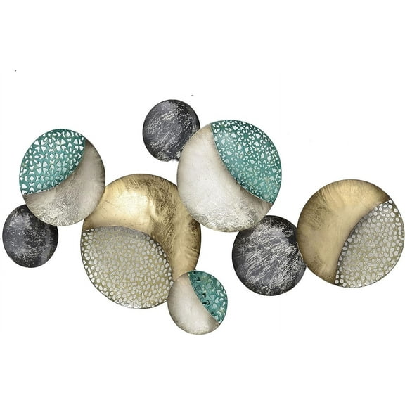Modernist Floating Circles, Abstract Metal Wall Art, Artisan Crafted, Golden Gilt, Black, White and Rustic Gray, Pewter, Silver, Painted Iron, 35. 75 Inches