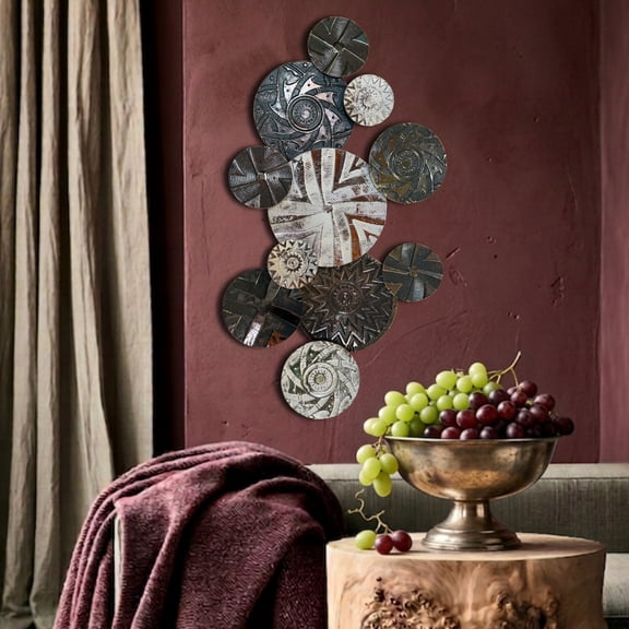 Modernist Floating Roundels, Metal Wall Decor, Gray, White Washed, Embossed Textured Burst and Zig-Zag Pattern Details, Hand Welded and Painted, Distressed, Iron, 43.25 W x 23.5 H Inches