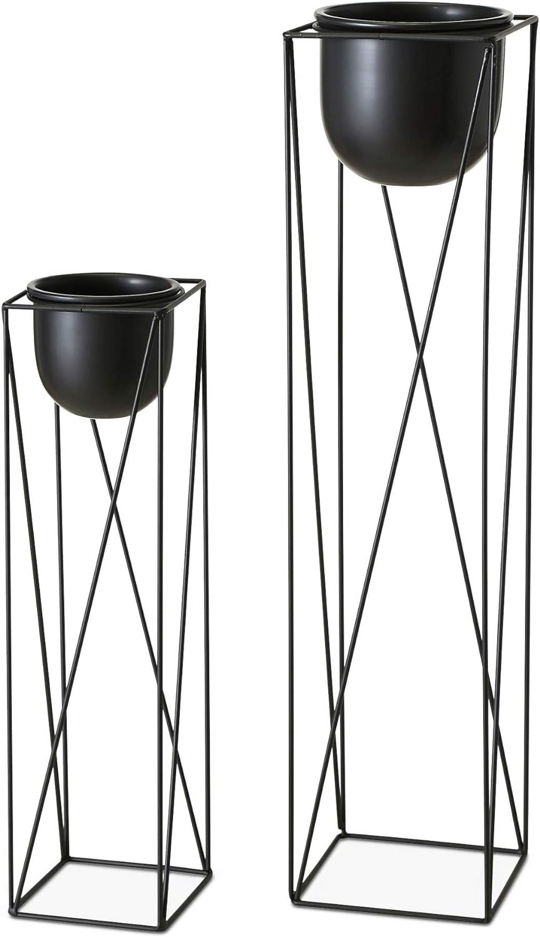 Black Iron Tall Floor Planters with Stands, Set of 2
