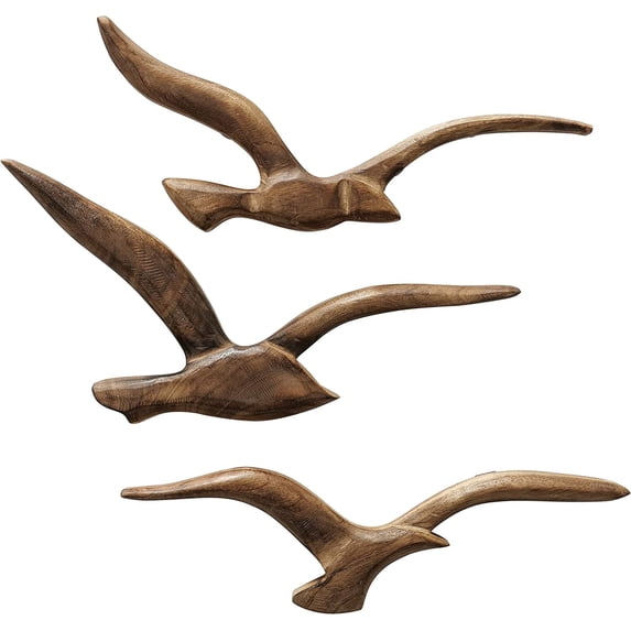 Modernist Flying Birds Wall Sculptures, Set of 3, Hand Carved, Solid Wood, Over 1 Foot Wide, 14.5 and 13.5 Inches, Abstract Home Decor