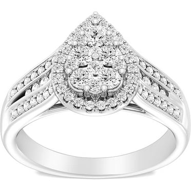 Modernist Halo Pear Shape Ring Solid 14K White Gold Ring Bridal Proposal Ring Moissanite Engagement Round Diamond Ring