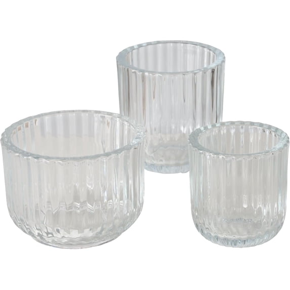 Modernist Home 3-Piece Chubby Tea Light and Votive Candle Holders, Clear Ribbed Glass, Set of 3