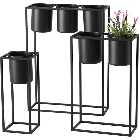 Modernist Home Architectural Planters, Set of 3, Round Cache Pots, Plus Rectangular and Square Stands, Iron, 23.5, 20, and 15.75 Inches Tall