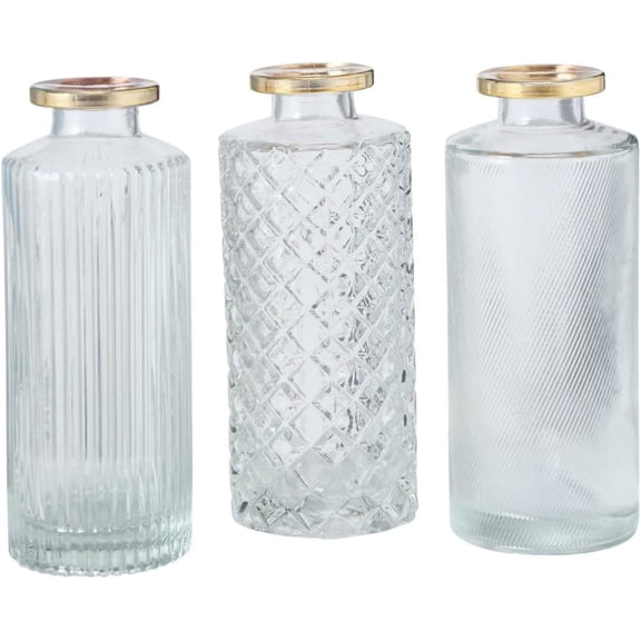 Modernist Home Gold Rimmed Baby Bud Vases, Set of 3, Clear Glass, Fancy Patterns, 5 Inches Tall
