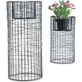 thumbnail image 1 of Modernist Home Plant Stands, Black Iron, Woven Wire Mesh Columns, Rolled Base Rim, 15.75 and 21.75 Inches, 1 of 7