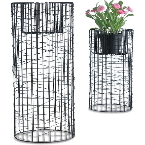 Modernist Home Plant Stands, Black Iron, Woven Wire Mesh Columns, Rolled Base Rim, 15.75 and 21.75 Inches