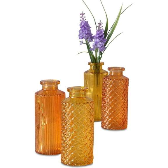 Modernist Home Rimmed Baby Bud Vases, Set of 4, Tangerine and Apricot Orange Glass, Fancy Geometric Patterns, 5.5 Inches Tall
