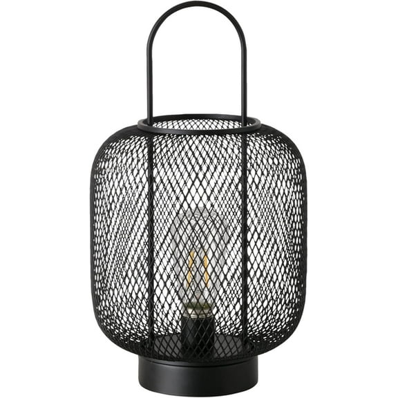 Modernist Home Table Lamp, Sturdy Black Wirework Surround, Loop Handle, LED Bulb, Circular, Cordless, 2 AAA Batteries (Not Included)