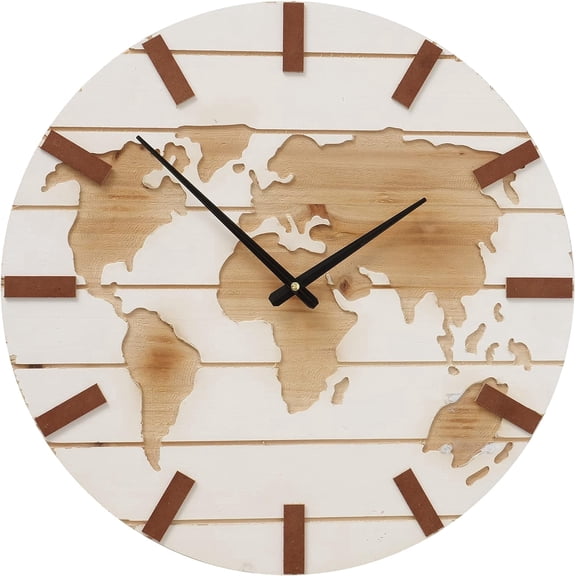 Modernist Home World Map Art Clock, White Wood Paneling, Laser Cut Natural Continents, Black Hour and Minute Hands, Round, Battery Operated (1 AA ) 19.75 Inches Diameter (50 cm)