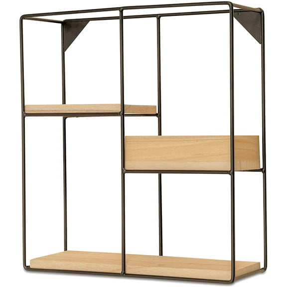 Modernist Industrial Chic Floating Box Shelf Unit, Wall Mounted, Black Iron, Includes 2 Flat Shelves, 1 Bin, Clear Finished, Solid Wood, Black Iron, 4 1/4 L x 12 1/4 W x 13 3/4 H Inches