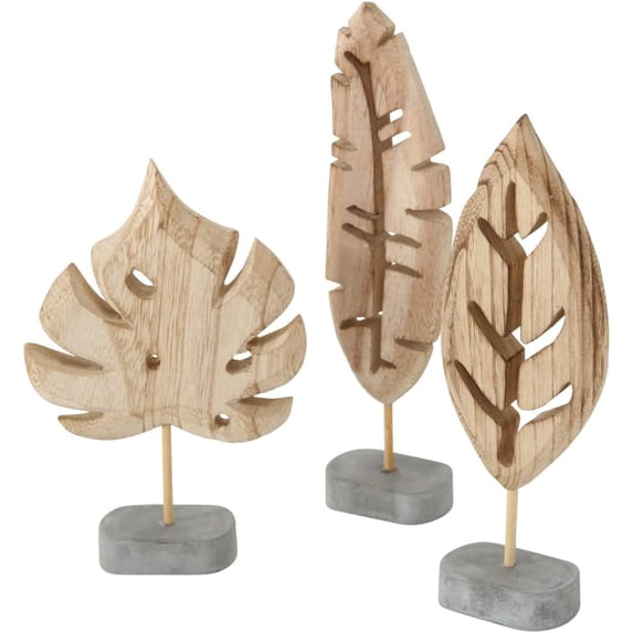 Modernist Leaf Figurines, Set of 3, Hand Carved Solid Wood, Post Mounted, Grey Gallery Base, 7.75 Inches Each