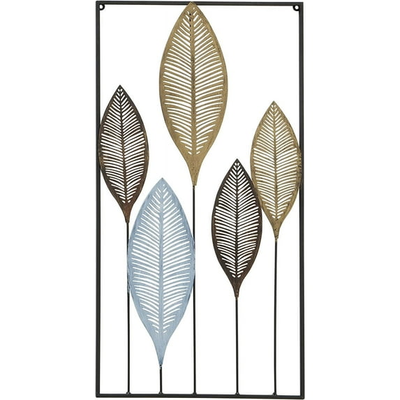 Modernist Leaf Wall Art Sculpture, Framed, Hand Made, Welded Iron, Framed Rectangle, Vertical Orientation, Blue, Burnished Gold and Bronze, 14.5 L x 27.5 H Inches