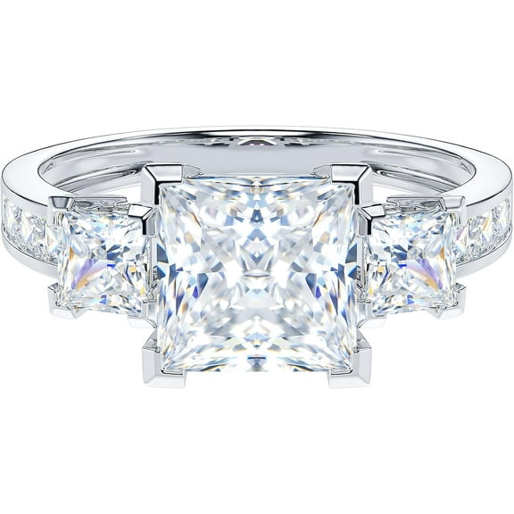 Modernist Simulated Diamond Ring 14K White Gold Ring Three Diamond Engagement Ring 2 CT Princess Cut CZ Ring