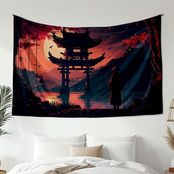 Modernist Style Tapestry, Ancient Style Night Pavilion Pattern Wall Hanging Tapestry, Bedroom Living Room Dormitory Decoration, Home Decoration