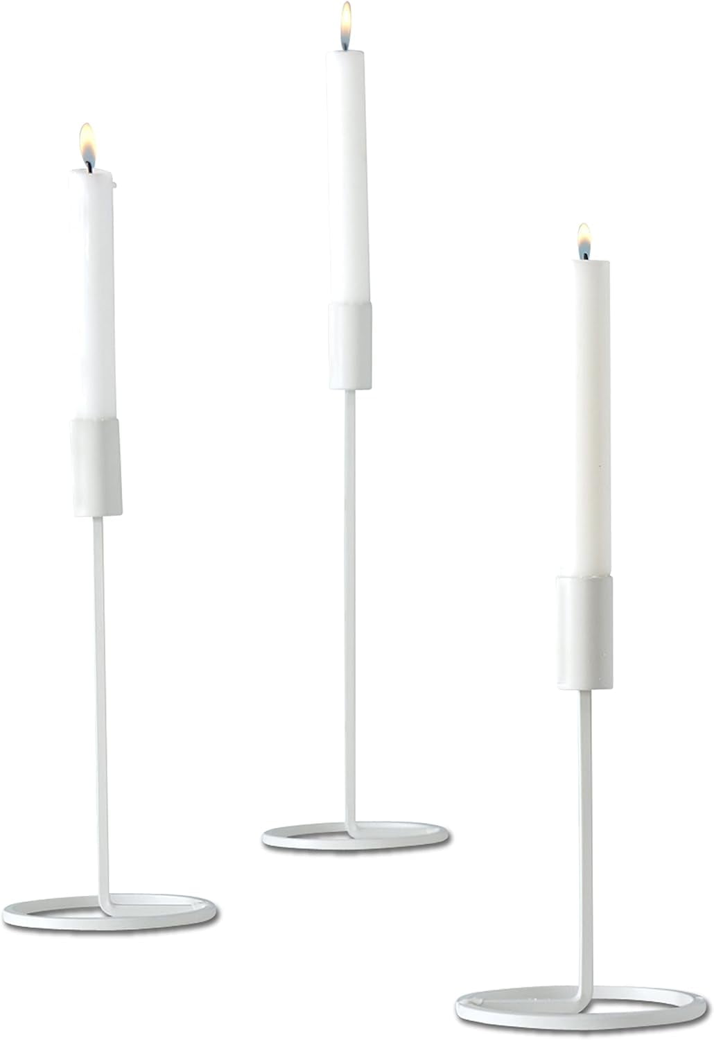 Modernist Taper Candle Holders, Set of 3, Rustic White Finish, Iron, Ring Bottoms, Artisan