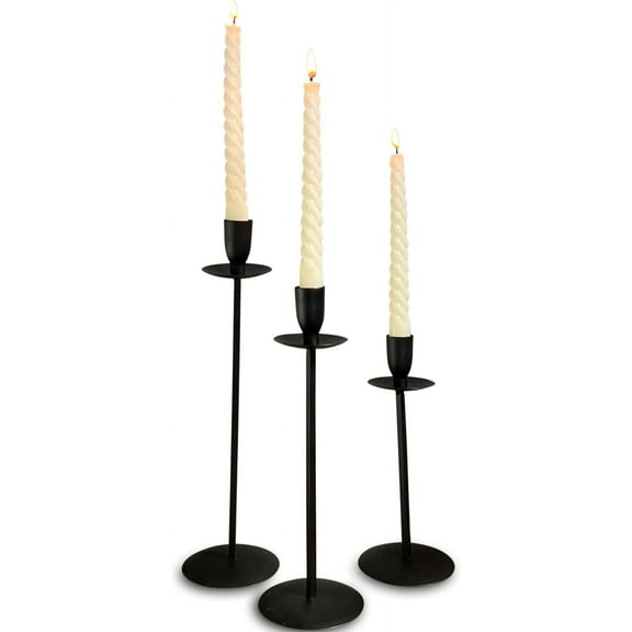 Modernist Tulip-Top Taper Candle Holders, Set of 3, Artisan Crafted, Drip Catcher Design, Varnished in Black, Iron, 11.75, 10.25, and 7.75 Inches Tall