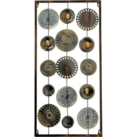 Abstract Floating Roundels Wall Sculpture, Rectangle, Framed, Metal, Artisan Crafted, Rustic Gray, Bronze, Gold and Silver, 2 Ft Long
