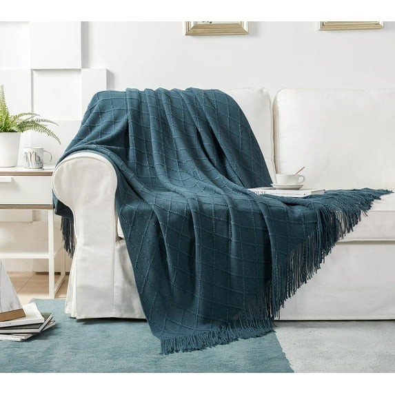 Modernly Basic Blue Acrylic Knit Throw, 50” x 60”