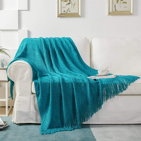 Modernly Basic Inc. Knitted Throw Blanket, 50 x 60 Inch, Warm & Cozy Decorative Throw Blankets with Tassels, Fancy Throw Blankets for Couch, Textured Solid Soft Knit Blanket, Blue, Machine Wash