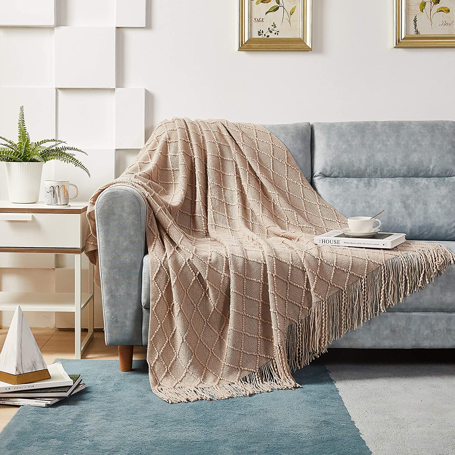 ModernlyBasic 50x60 Inch Acrylic Knitted Throw Blanket with Fringe