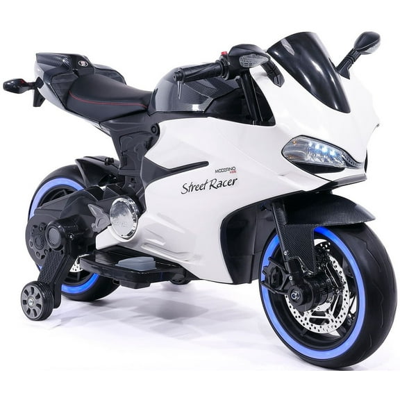 Moderno Kids Motorcycle Ride On 12V Battery Powered with Training Wheels, LED Lights, Music by Phone