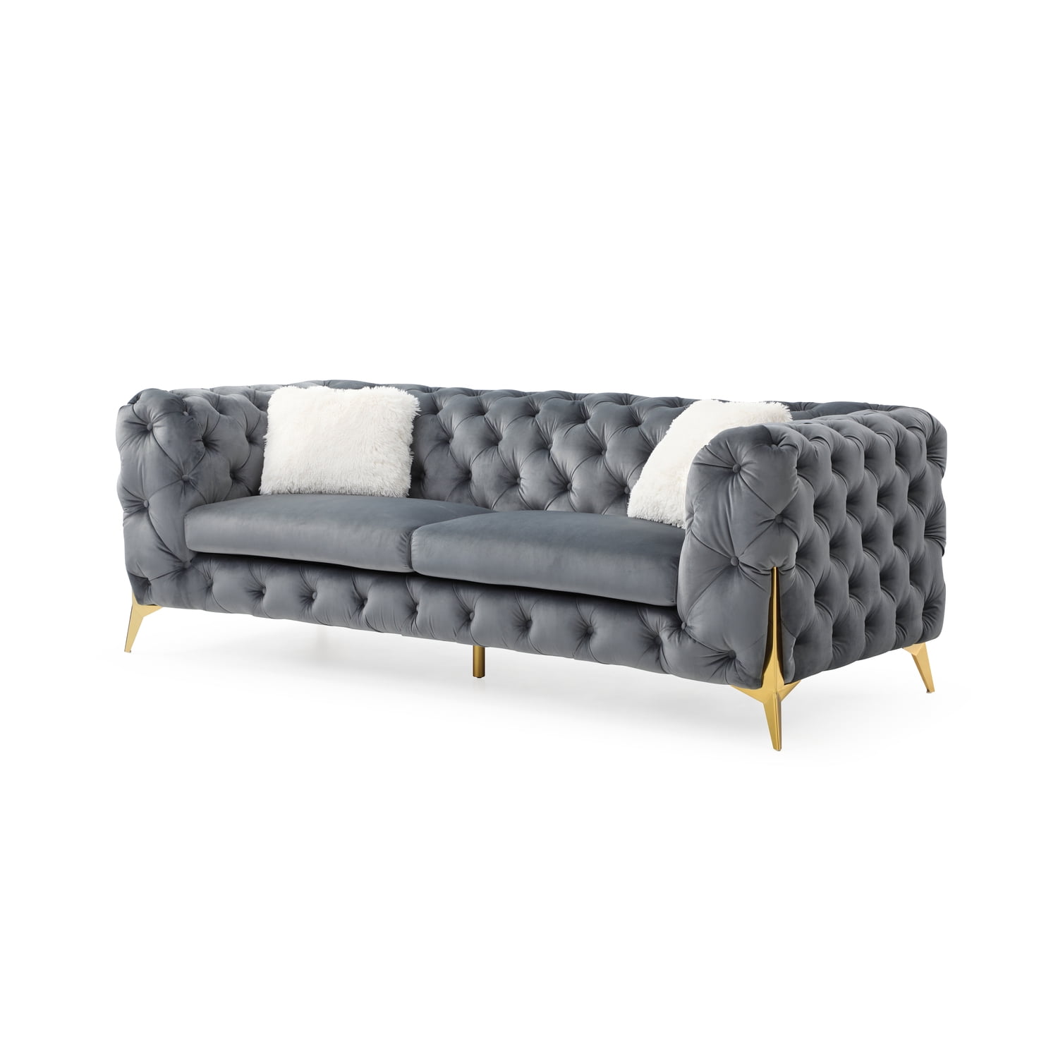 Moderno Gray Velvet Tufted Sofa with Gold Legs