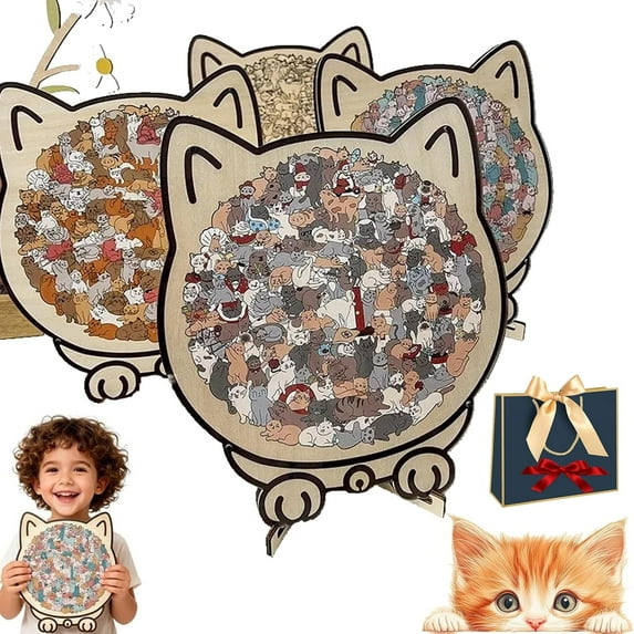 Moderobot 135-Piece Morandi-Colored Cat Shaped Wooden Jigsaw Puzzle, Cat-Shaped Wooden Puzzle 135 Pieces – Challenging Irregular Jigsaw with Frame & Elegant Morandi Colors