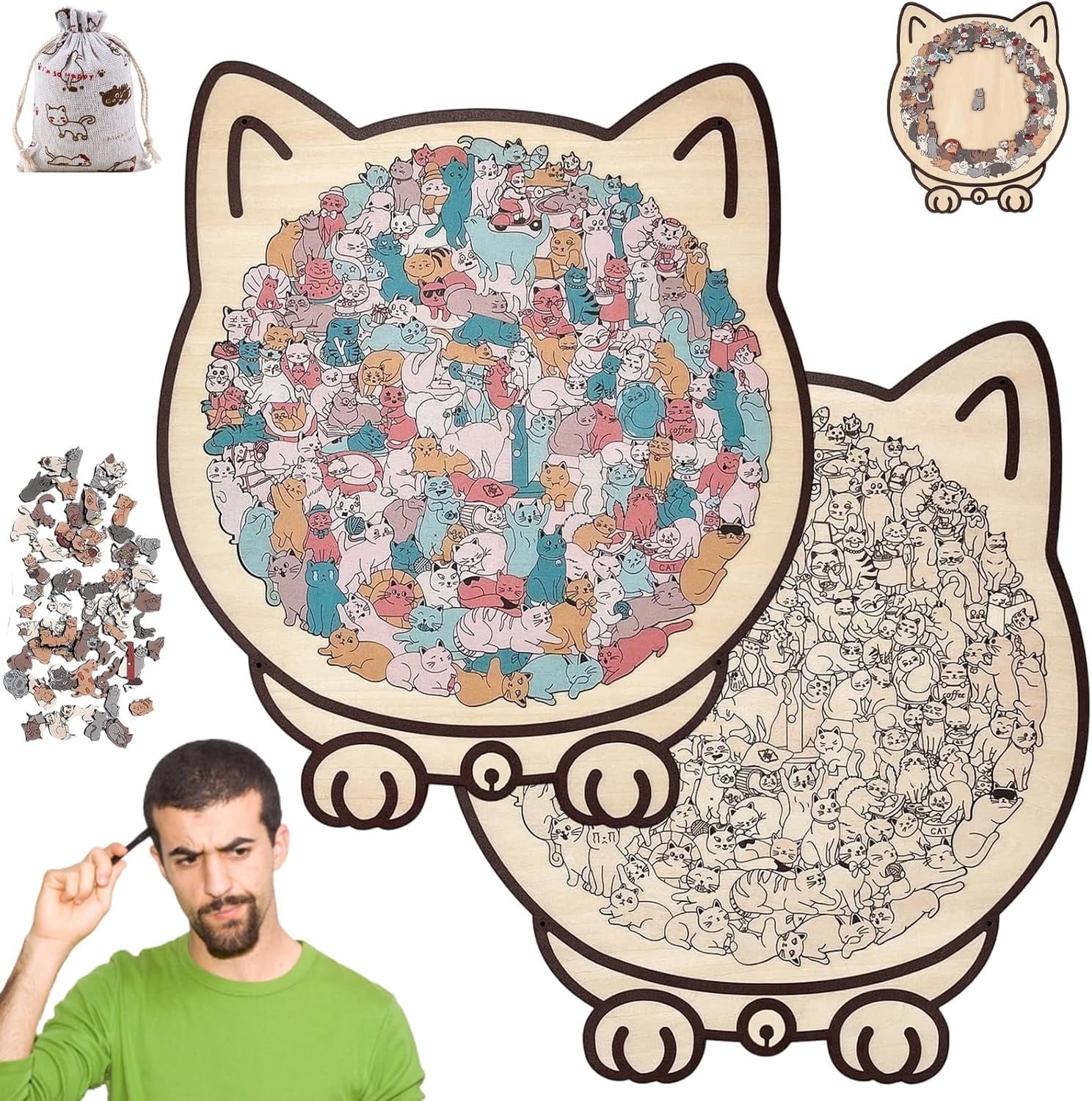 135-Teile Katzenpuzzle Morandi Katze Holzpuzzle Erwachsene – Cute Cat Shaped Wooden Puzzle Geschenk